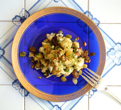 Roasted Cauliflower with Pine Nuts, Golden Raisins and Dill