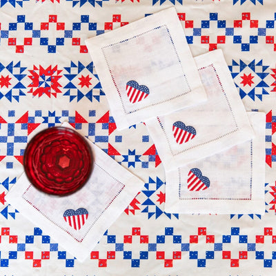 Flag Heart Cocktail Napkins (4) red splatter tableware for valentine's Christmas and July 4 Chefanie 